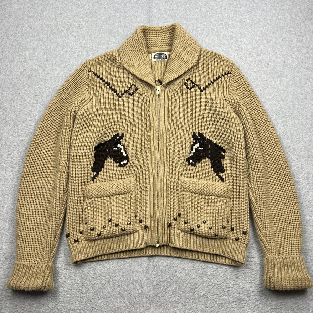 Miller Cowichan Cardigan Mens Medium Tan Horse Western Shawl Collar Zip Sweater
